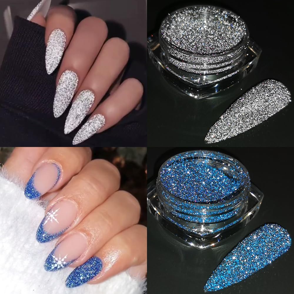 Reflective Glitter Powder Set, 16 Colors Sparkle Diamond Nail Glitter Dust, Silvery Pink Purple Green Loose Glitter for Nails, Shiny Sugar Nail Powder Dipping Pigment, Nail Supplies, Loose Glitter Powder